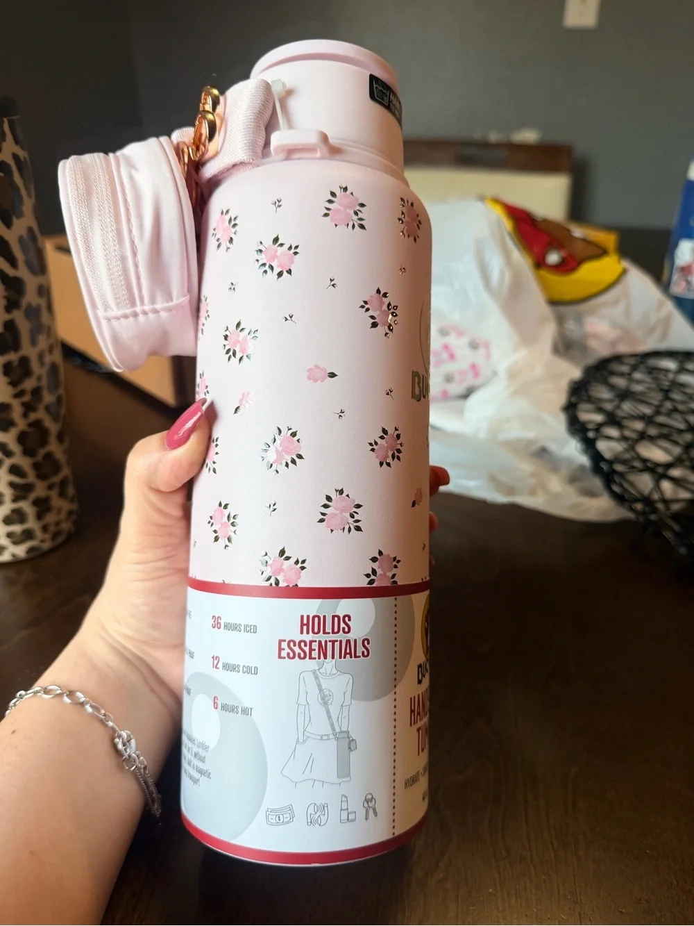 Bucees Pink Floral Hands Free Kids Tumbler